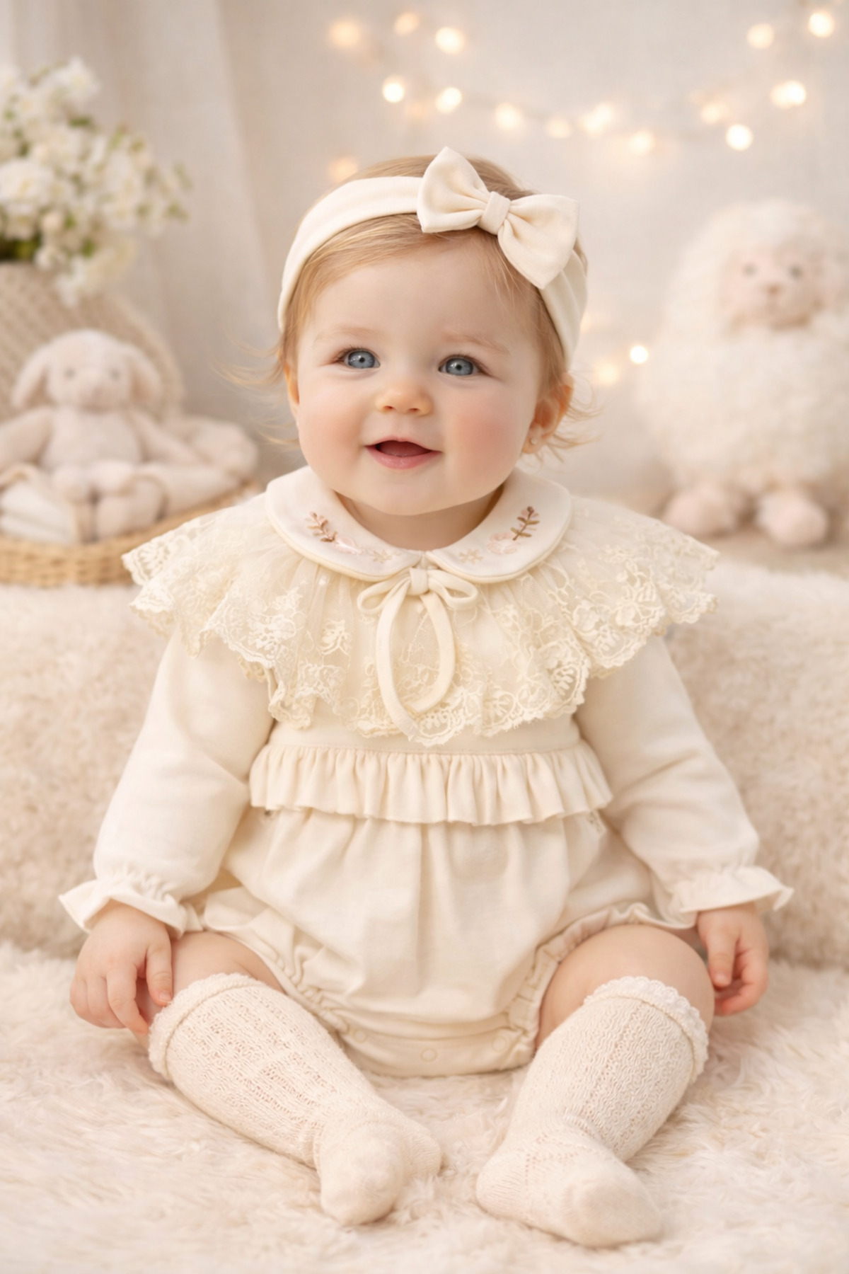cayzen Lace Collared Baby Girl Romper Set (with Headband & Socks as a Gift)