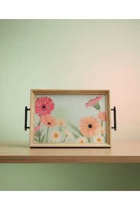Öykü Çiçek Desenli Dekoratif Servis Tepsisi Ahşap Çerçeve Görünümlü Kahve ve ...