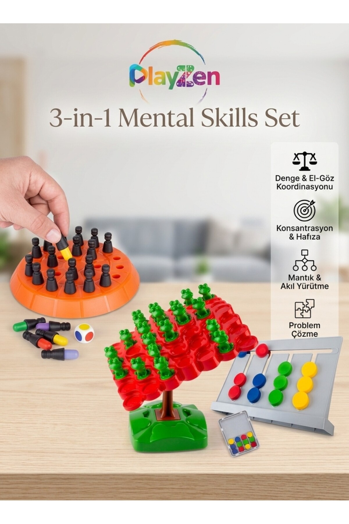 PlayZen Montessori Zeka & Denge Oyun Seti 3’lü – Memory Chess + Kurbağa Denge + Abaküs Eğitici Oyuncak Seti fotoğrafı 2 (önizleme)