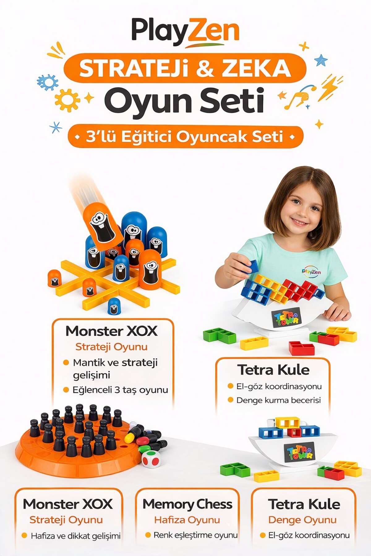 PlayZen Strateji & Zeka Oyun Seti 3’lü – Monster XOX + Tetra Kule + Memory Chess Eğitici Oyuncak fotoğrafı 2 (önizleme)