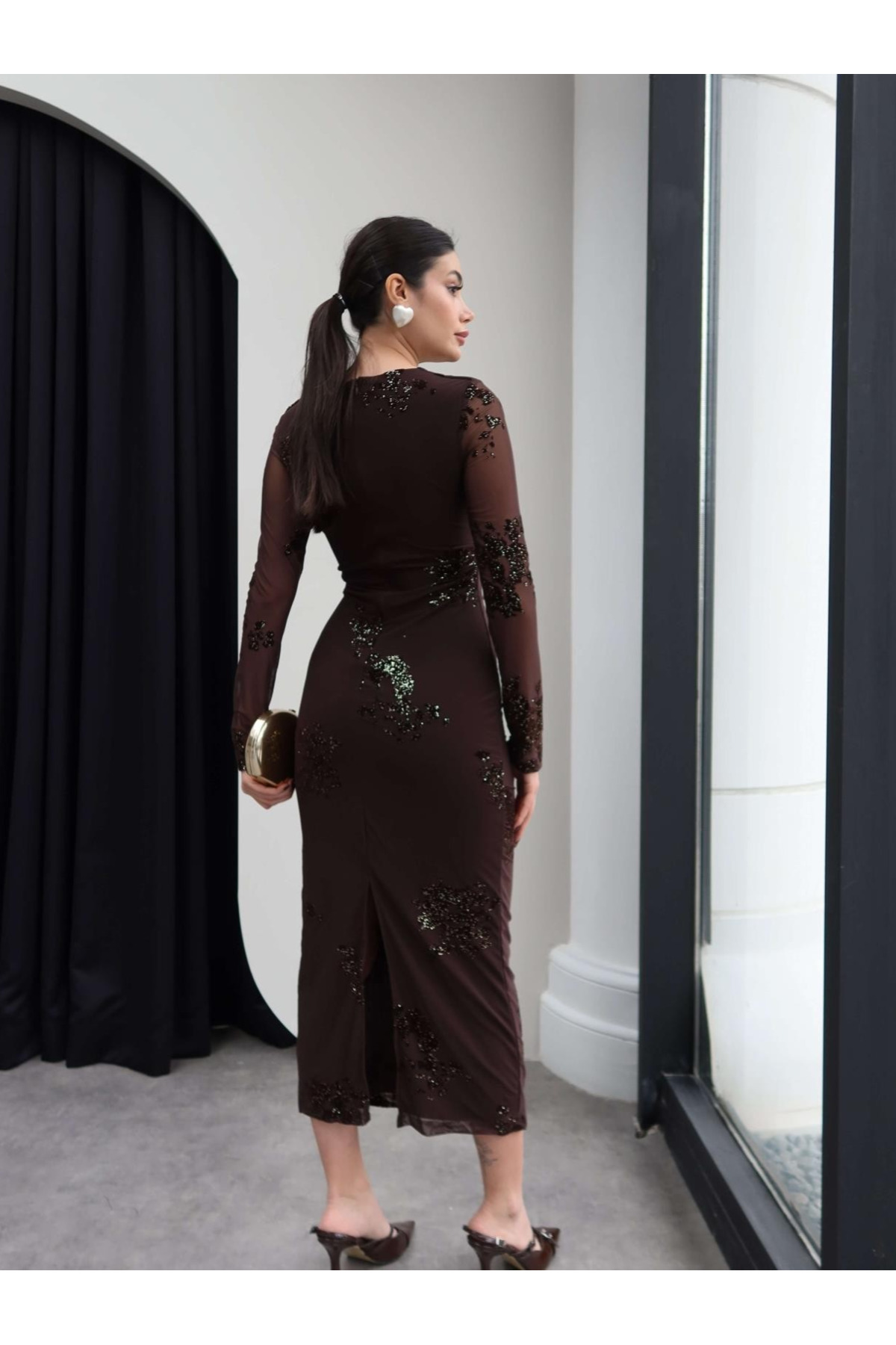 My Blog  Kahverengi Işıltılı Kolları Transpran Midi Elbise - 0864 - Görsel 4