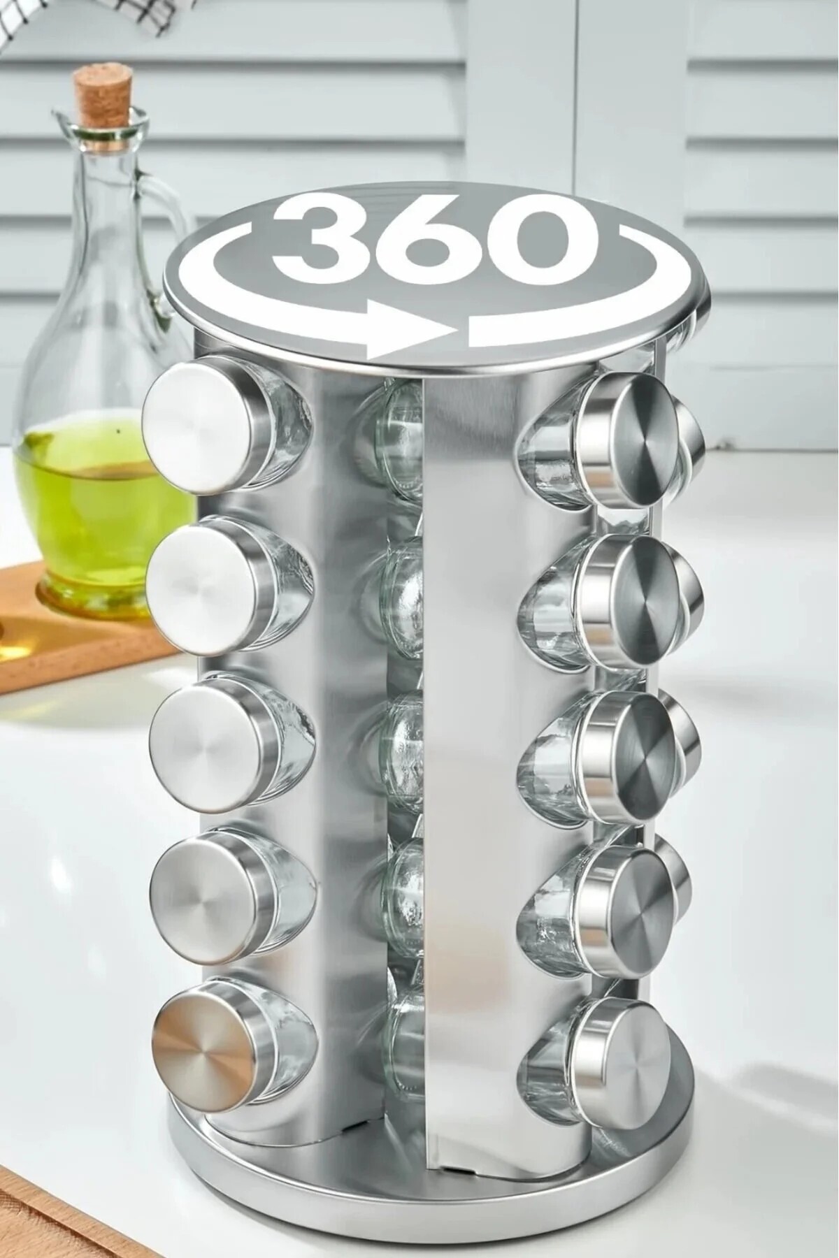 Rotary Stainless Spice Holder Set of 20, 360° Rotatable Round Spice Stand with Glass Jar
