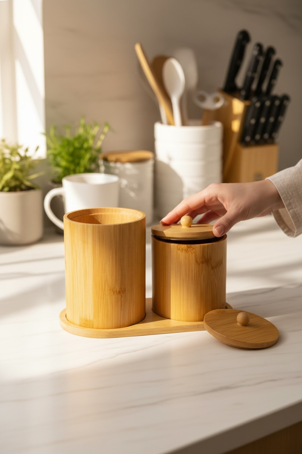 2’li Bambu Saklama Kabı – Doğal Bambu Mutfak Saklama Kutusu Seti 900 ml