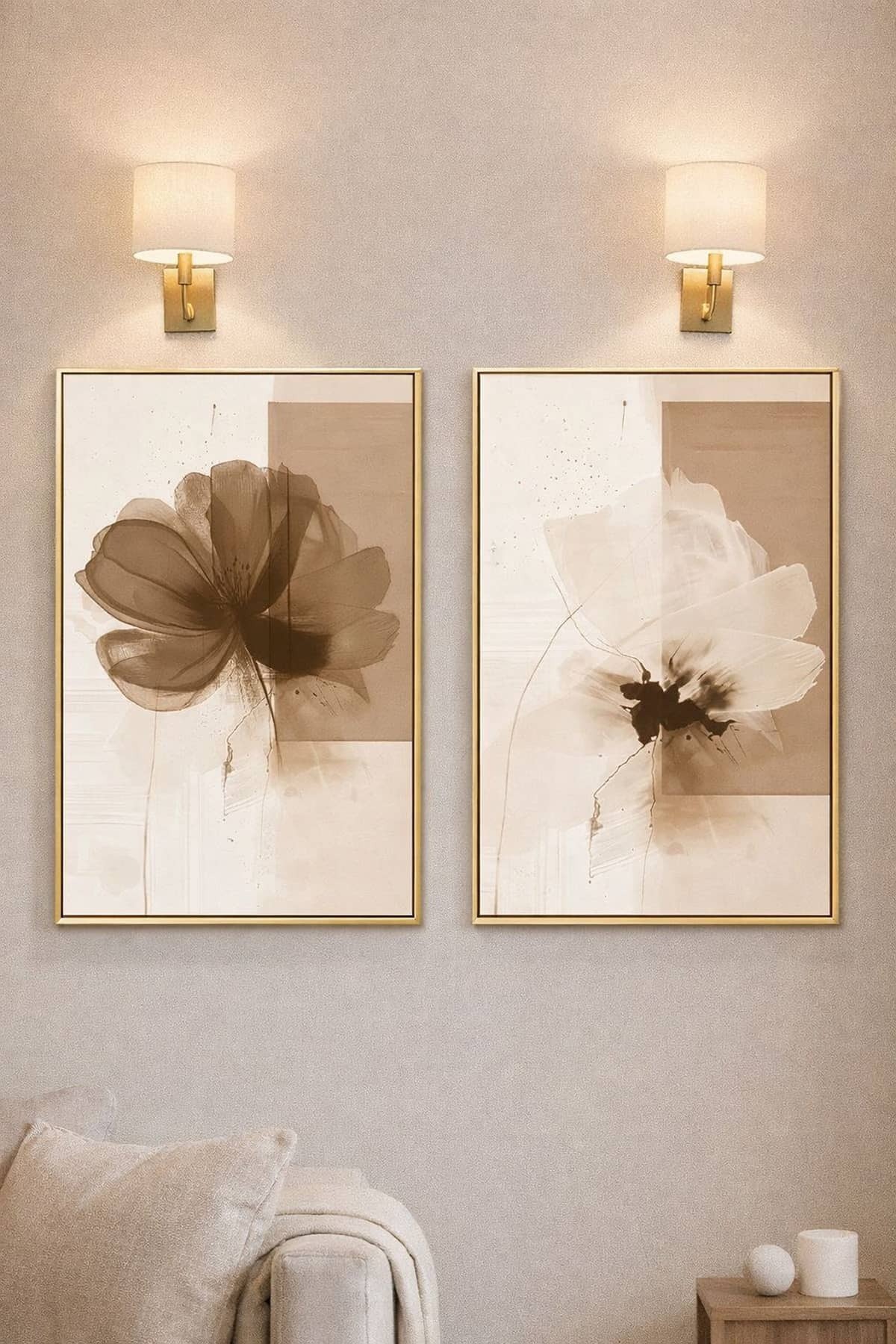 Double Gold Metal Frame Soft Brown Beige Cream Real Glass Poster Table Set