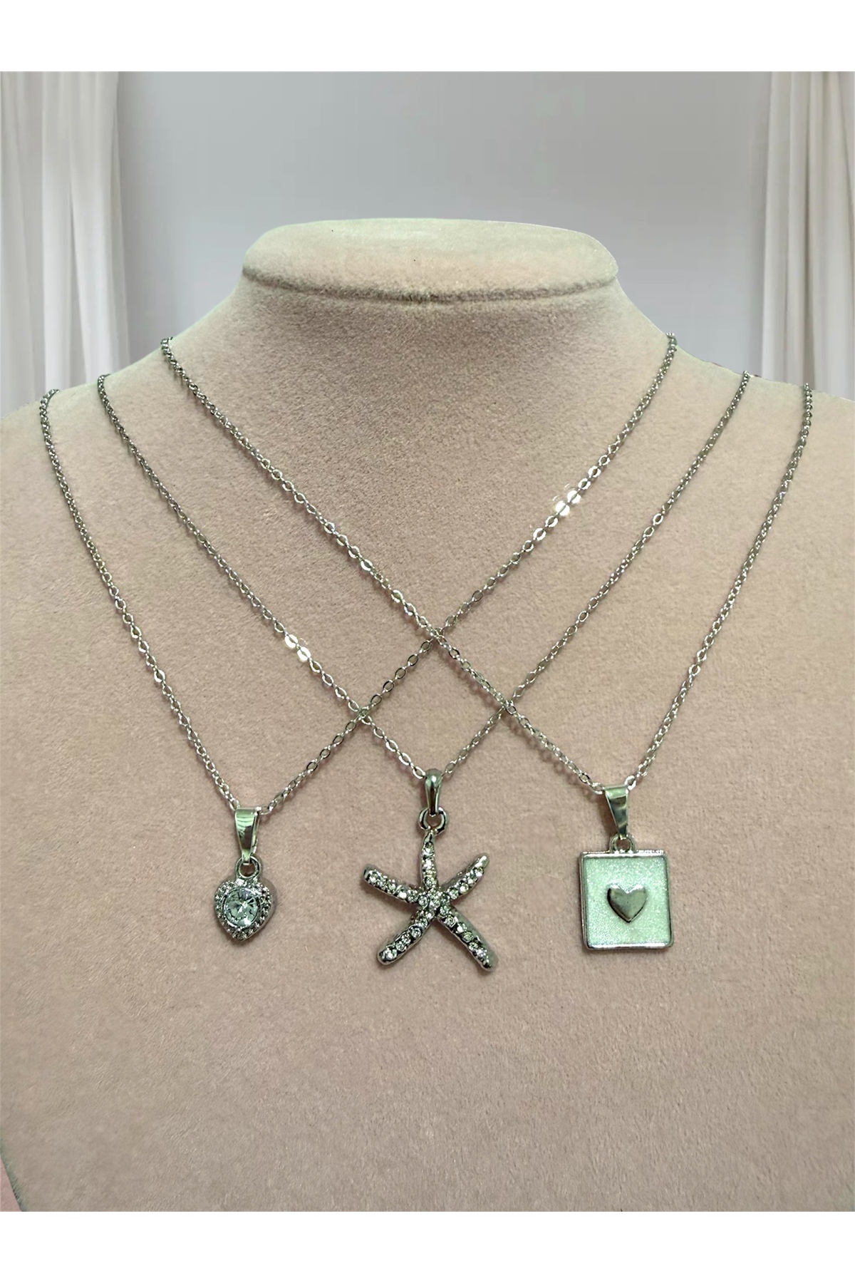 Silver Color 3-Piece Starfish Minimal Heart Square Heart Combination Set Necklace