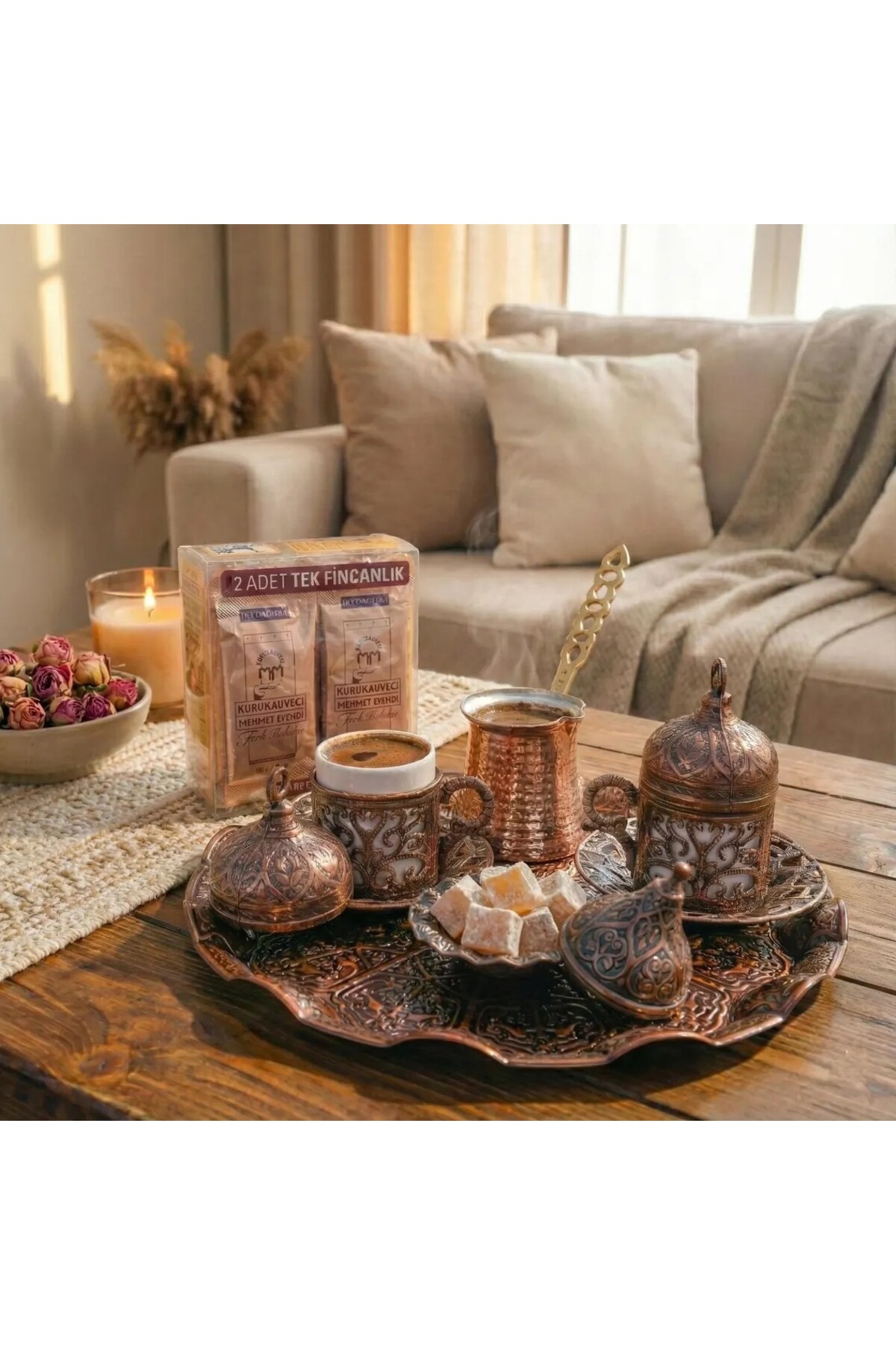 Handmade Turkish Coffee Set | Copper Coffee Pot - Ceramic Cups & Saucers & Coffee