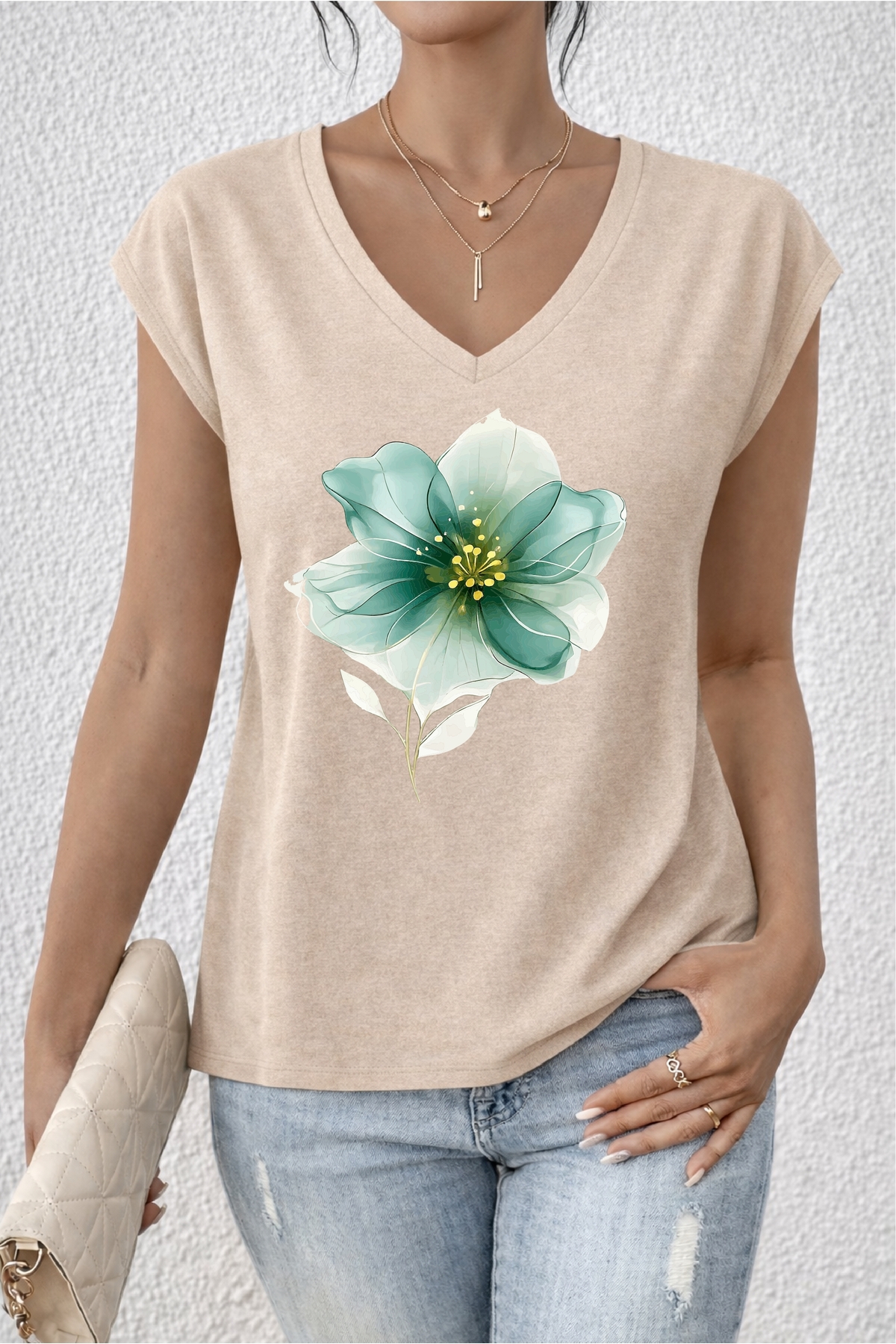 Floral Printed Oversize V-Neck T-shirt Loose Top