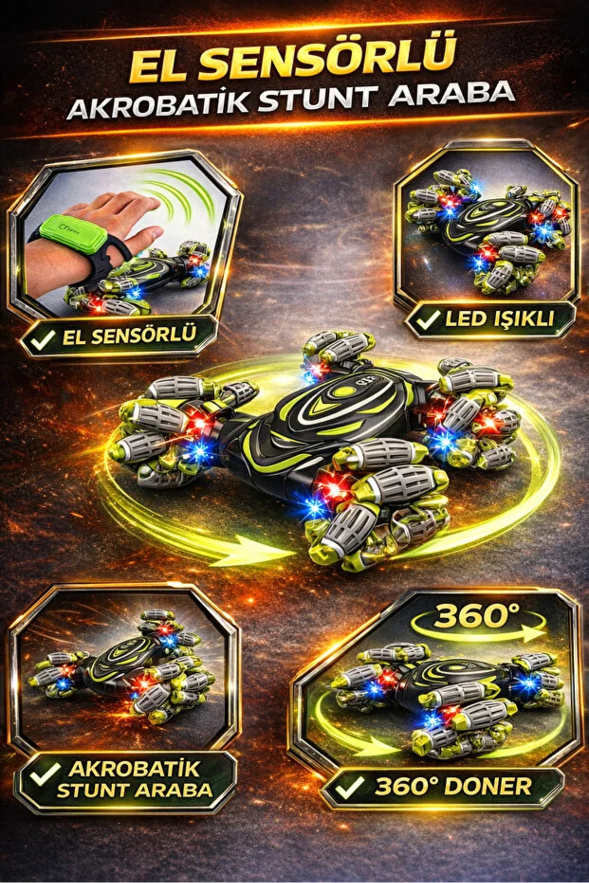 YILDIRIM OYUNCAK Uzaktan Kumandalı El Sensörlü 360° Stunt Araba 30cm – Işıklı Müzikli Şarjlı Akrobat Drift RC Oyuncak fotoğrafı 2 (önizleme)