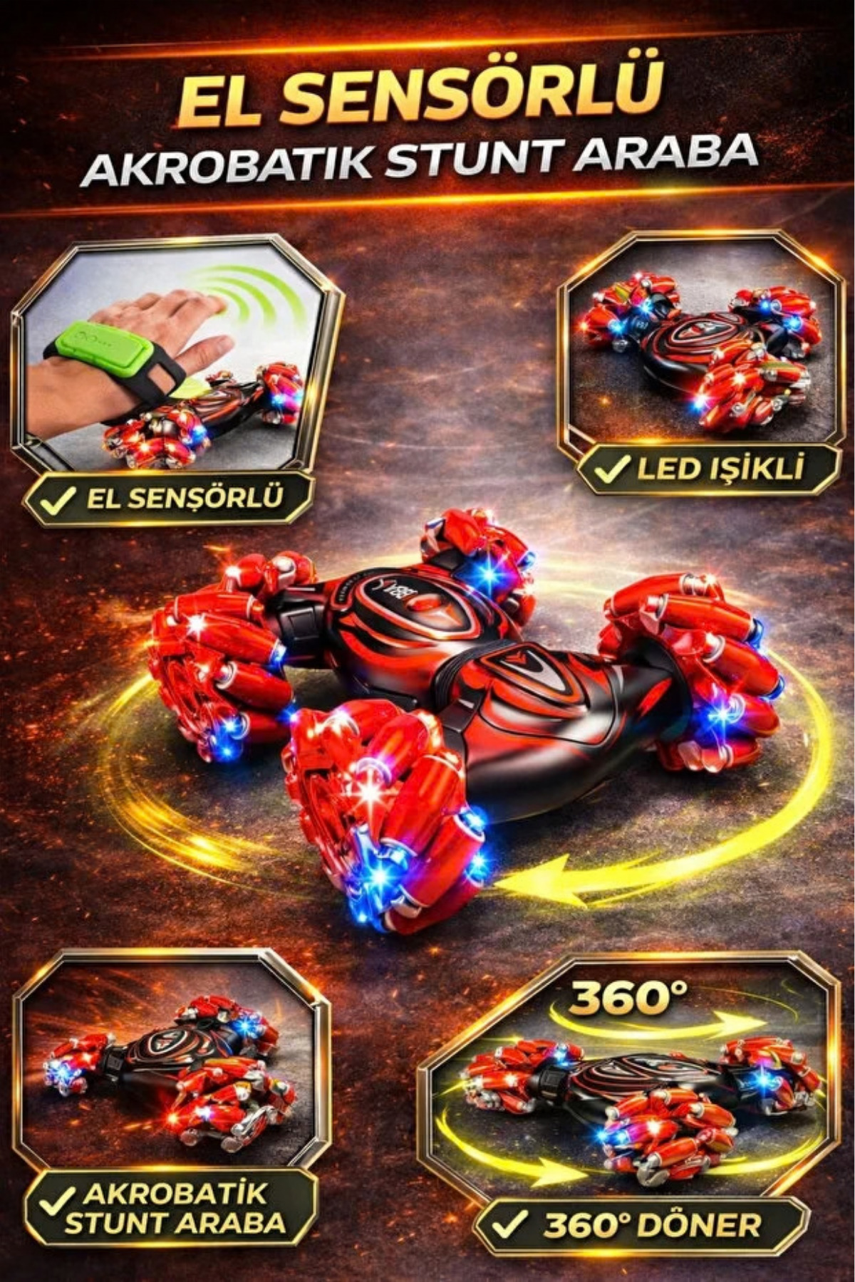 YILDIRIM OYUNCAK Uzaktan Kumandalı El Sensörlü 360° Stunt Araba 30cm – Işıklı Müzikli Şarjlı Akrobat Drift RC Oyuncak fotoğrafı 2 (önizleme)