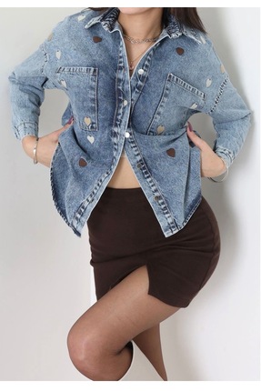 DuRu LiNe 💙 Kalp Nakışlı Kadın Kot Ceket – Pamuk Denim Oversize Günlük Şık J...