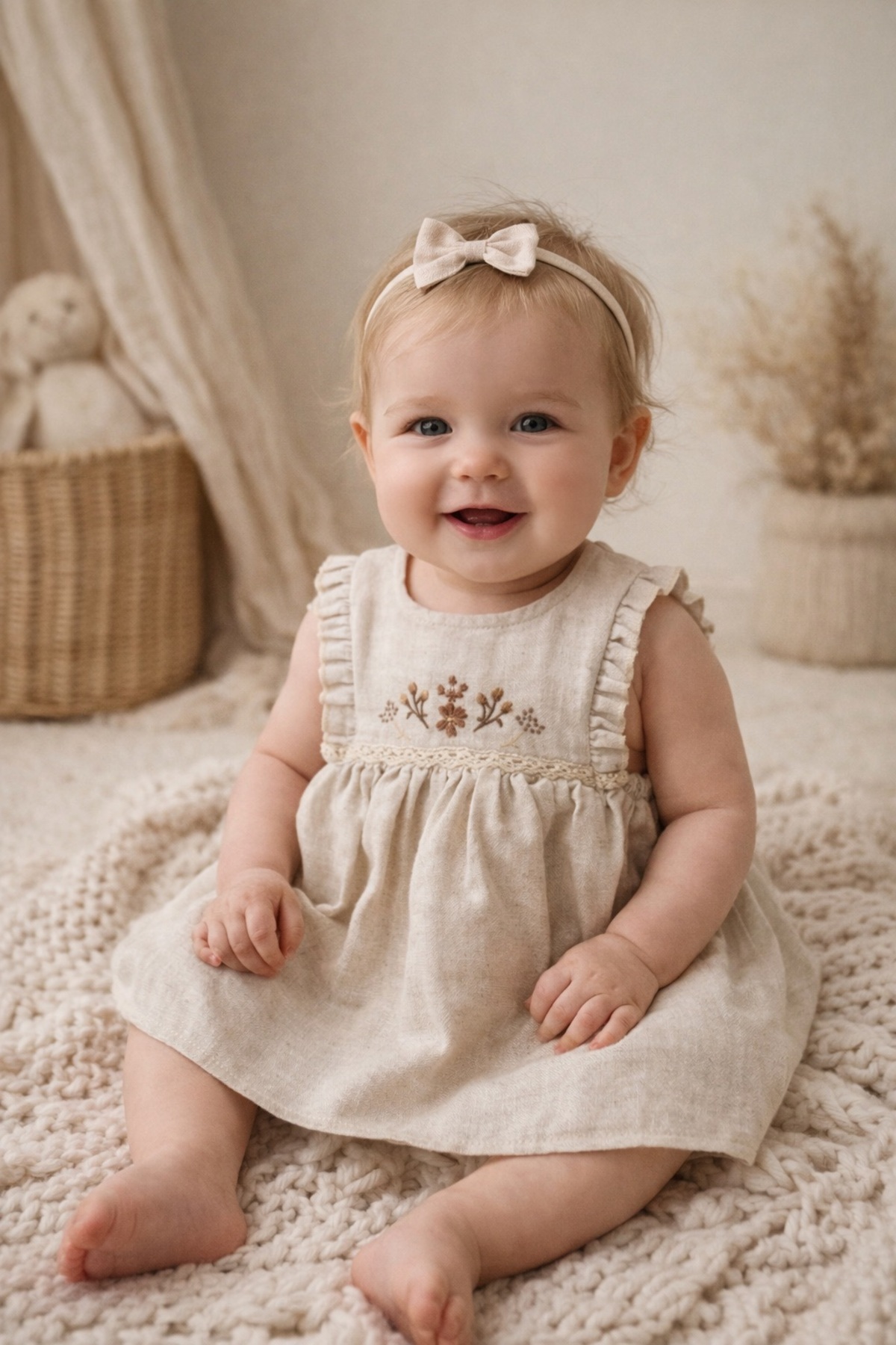 ALAMODECOR %100 Pamuk Keten Çiçek İşlemeli Kız Bebek Elbisesi fotoğrafı 5 (önizleme)