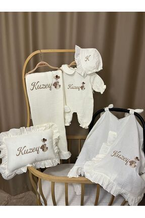 handemnakış tasarım İsimli Nakışlı Müslin 5'li Hastane Çıkışı Set - Tulum Şap...
