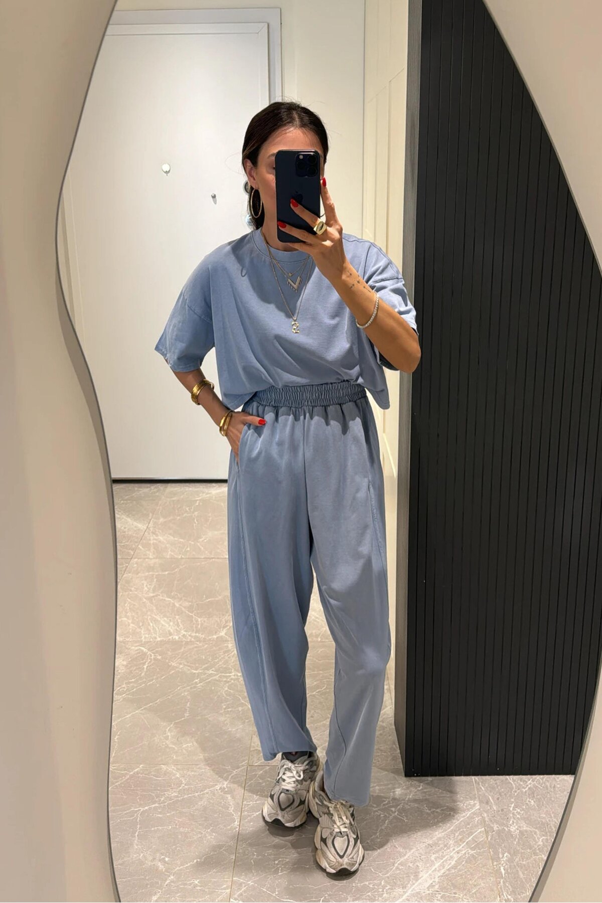 manana fashion Μπλε Πλυμένο Σετ Μπλουζάκι Σαλβάρ