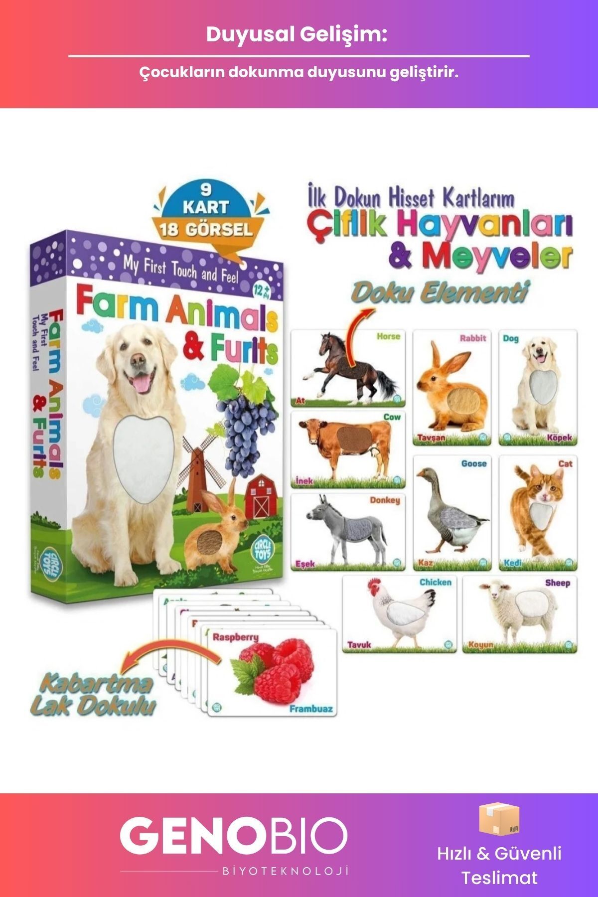 GenoBio Dokun Hisset Çiftlik Hayvanları Meyveler Eğitim Kartları Duyusal ve Dil Gelişim Çocuk Kart Seti fotoğrafı 2 (önizleme)