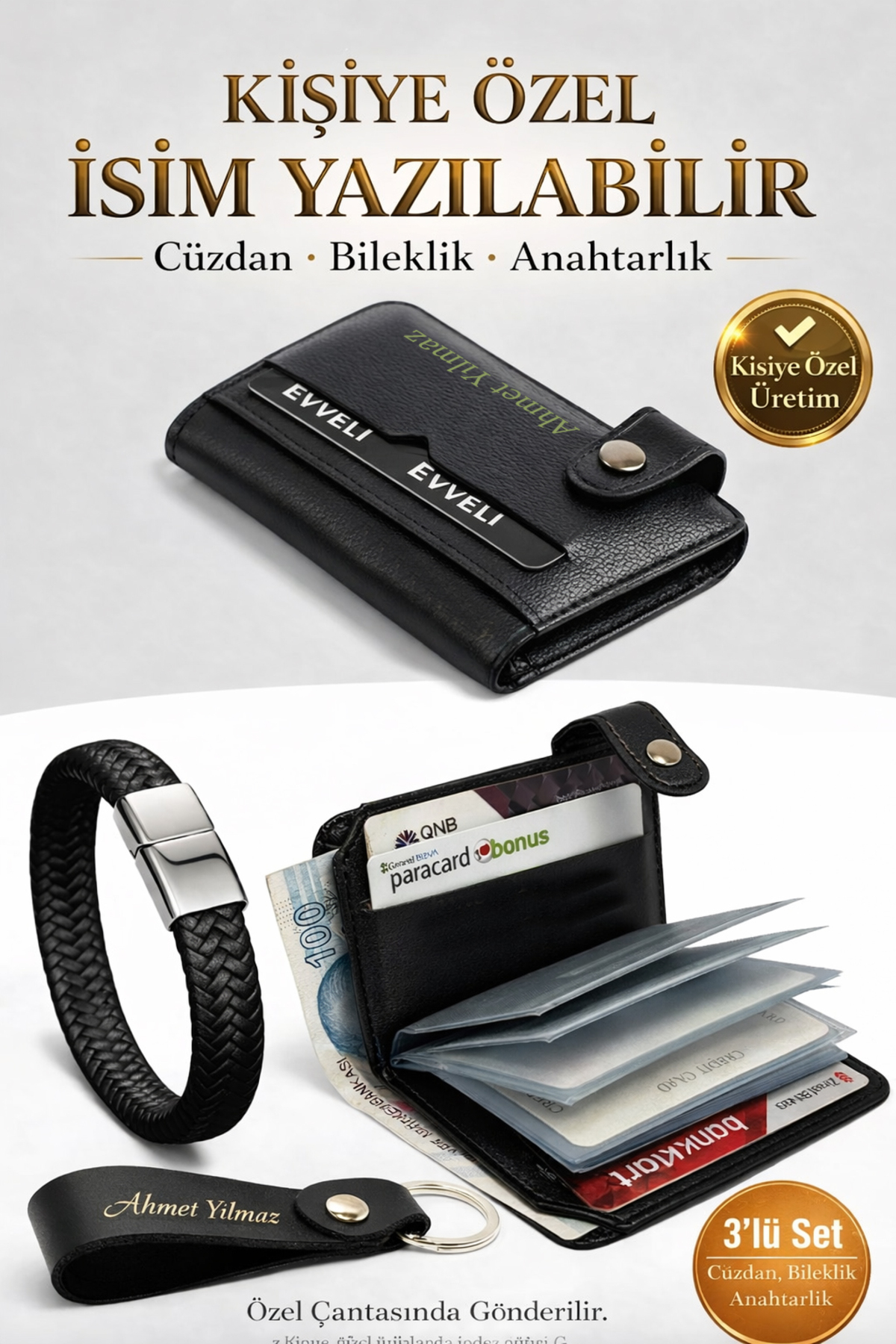 EVVELİ KİŞİYE ÖZEL Erkek Cüzdan Kartlık Seti | Siyah Deri Bileklik & Anahtarlık Hediyelik