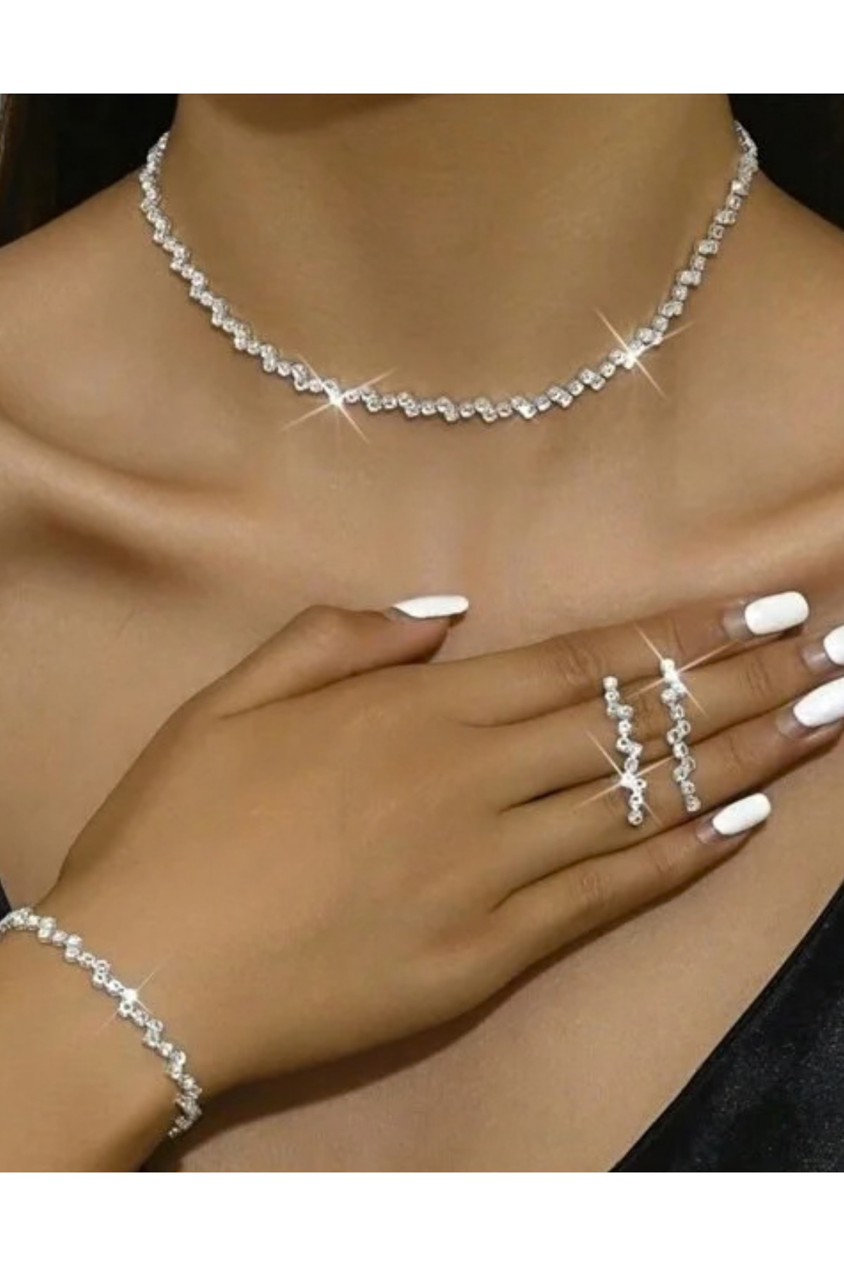 Gümüş Kaplama Ajda Model Pırlanta Taşlı Kolye,küpe Ve Bileklik Seti 3'lü Set Davet Düğün Nişan Abiye
