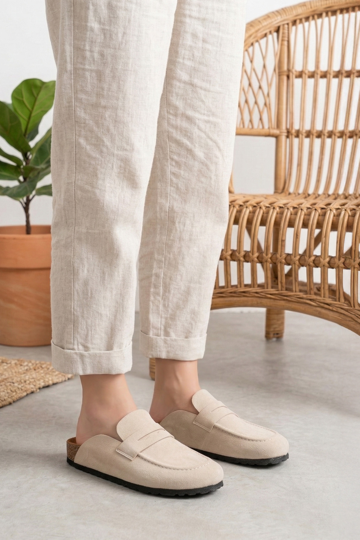 SBronze Bej Unisex Loafer Ayakkabı Mantar Tabana Terlik görsel 4
