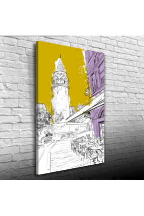Energic Sarı, Beyaz ve Mor Tonlarda Galata Kulesi ve kafe Görseli Kanvas Tabl...