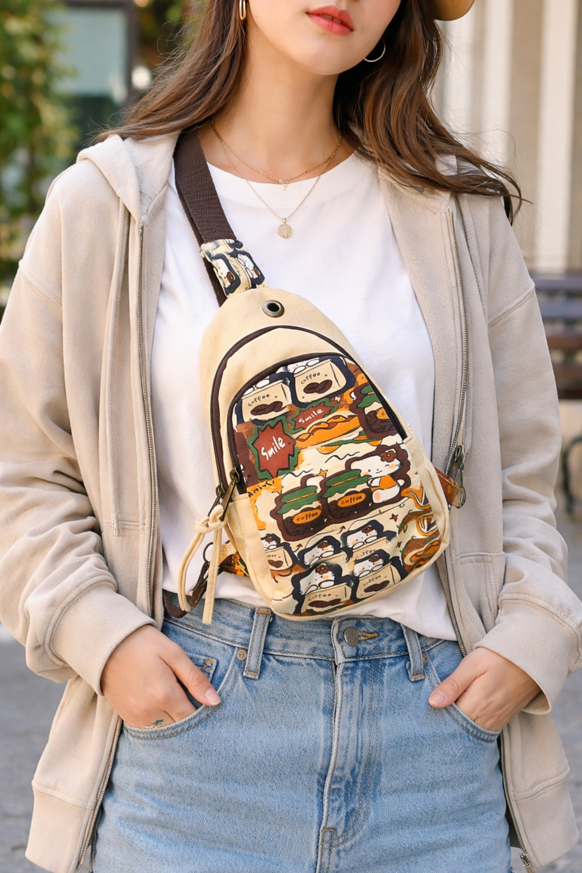 Waterproof Cream Color Coffee & Cat Pattern Crossbody Chest Bag Adjustable Strap Daily Use