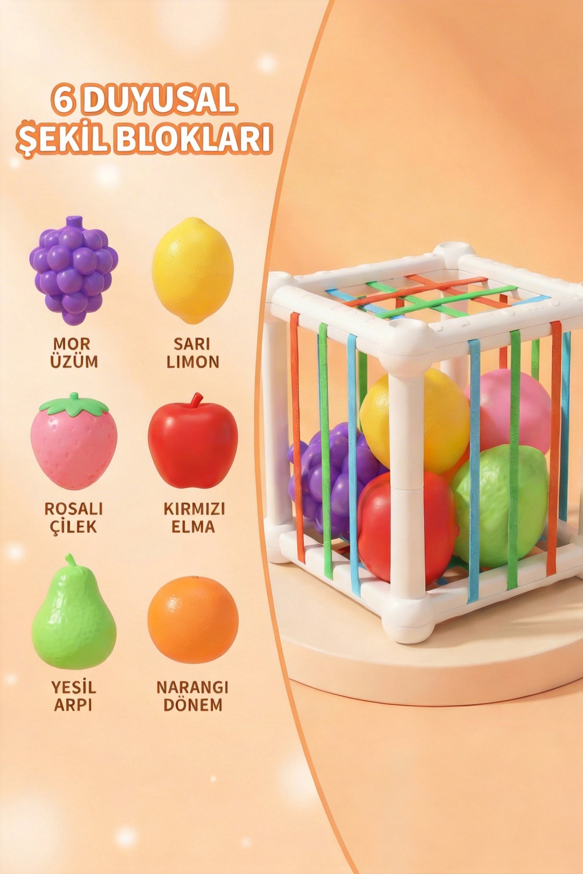 BBSKY Montessori Meyve Tanıma ve Zeka Geliştirici Duyusal Küp-Bebek Aktivite Oyuncağı, İnce Motor Gelişimi fotoğrafı 3 (önizleme)