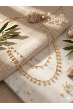 Fashionjewelery Zirkon Taşlı ve Yıldız Detaylı Çift Katlı Altın Kaplama Kolye
