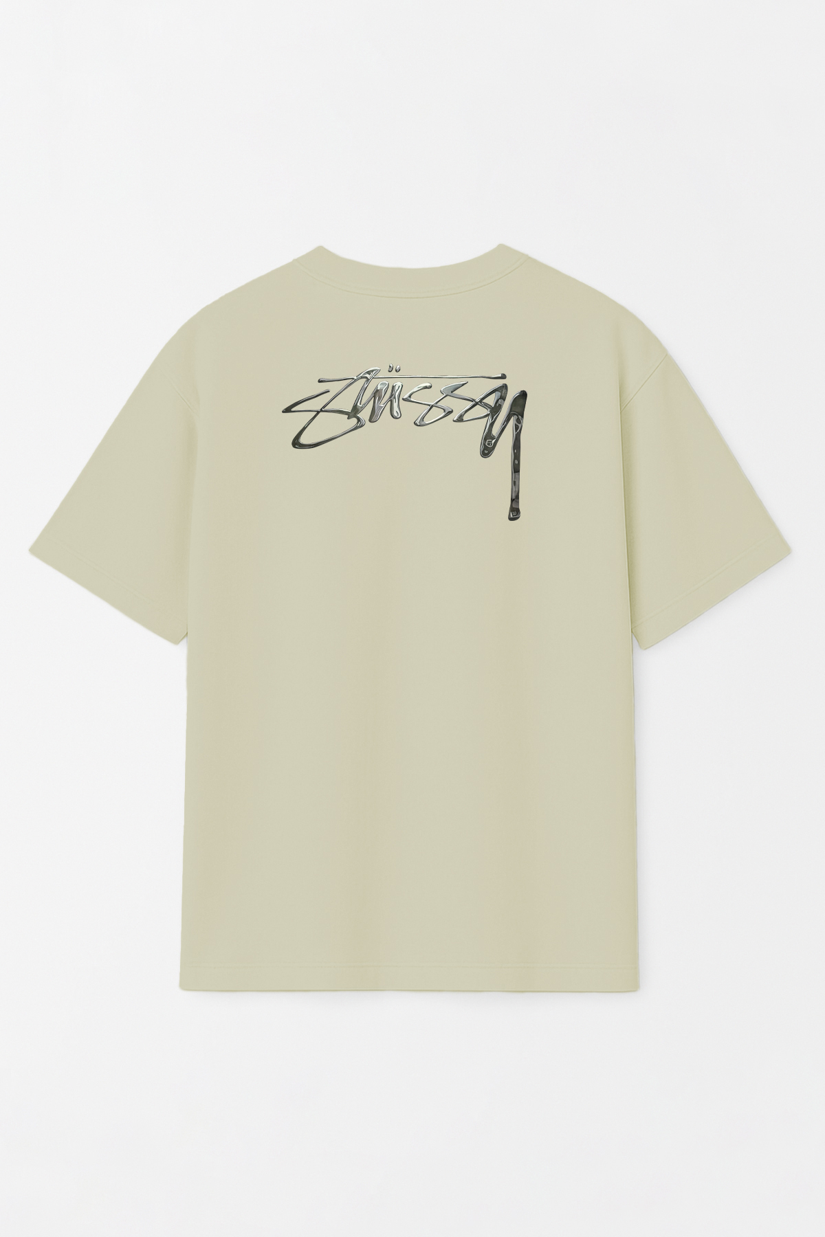 Unisex Stüssy Melted Baskılı Oversize %100 Pamuk Geniş Kesim Dokulu Bisiklet Yaka Yeşil Tişört