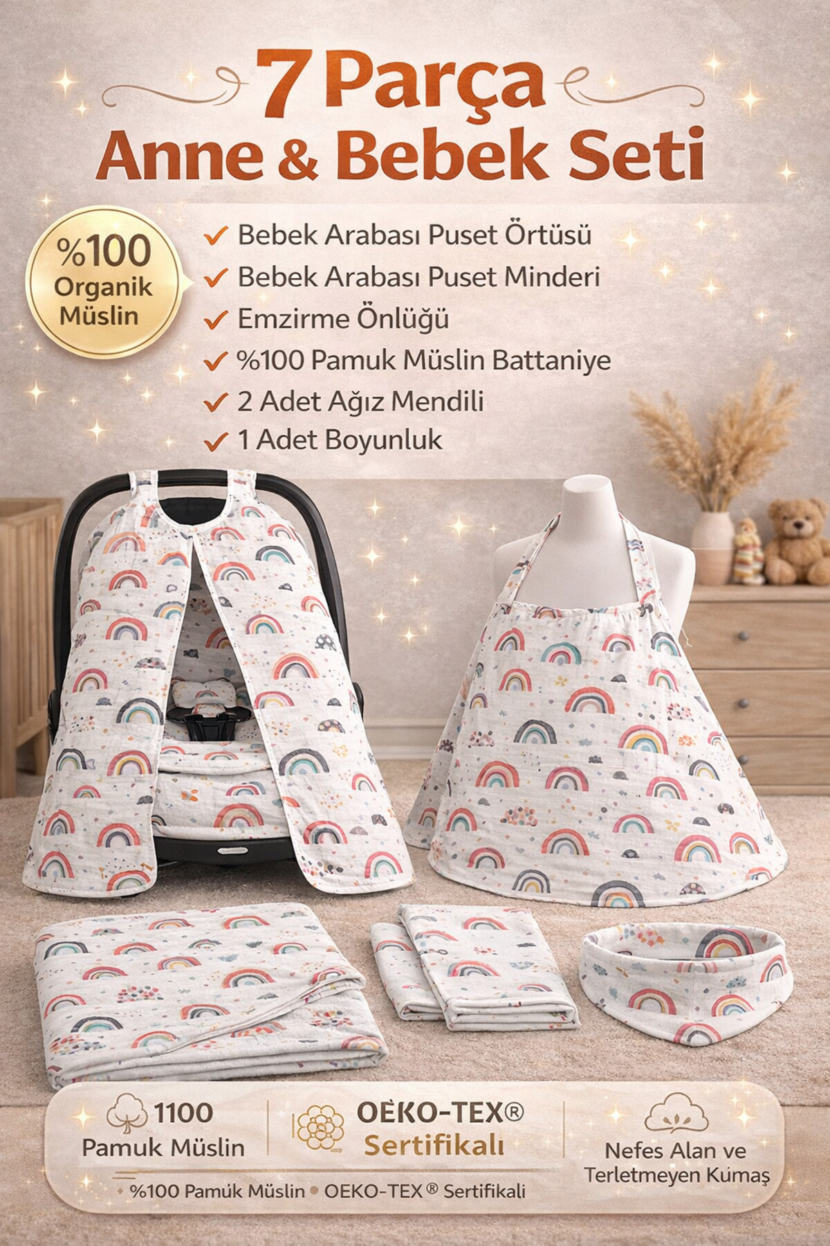 Babycitytr Bebek Müslin Puset Örtüsü Seti Emzirme Önlüğü Battaniye Mendil Bandana %100 Pamuk OEKO-TEX fotoğrafı 2 (önizleme)