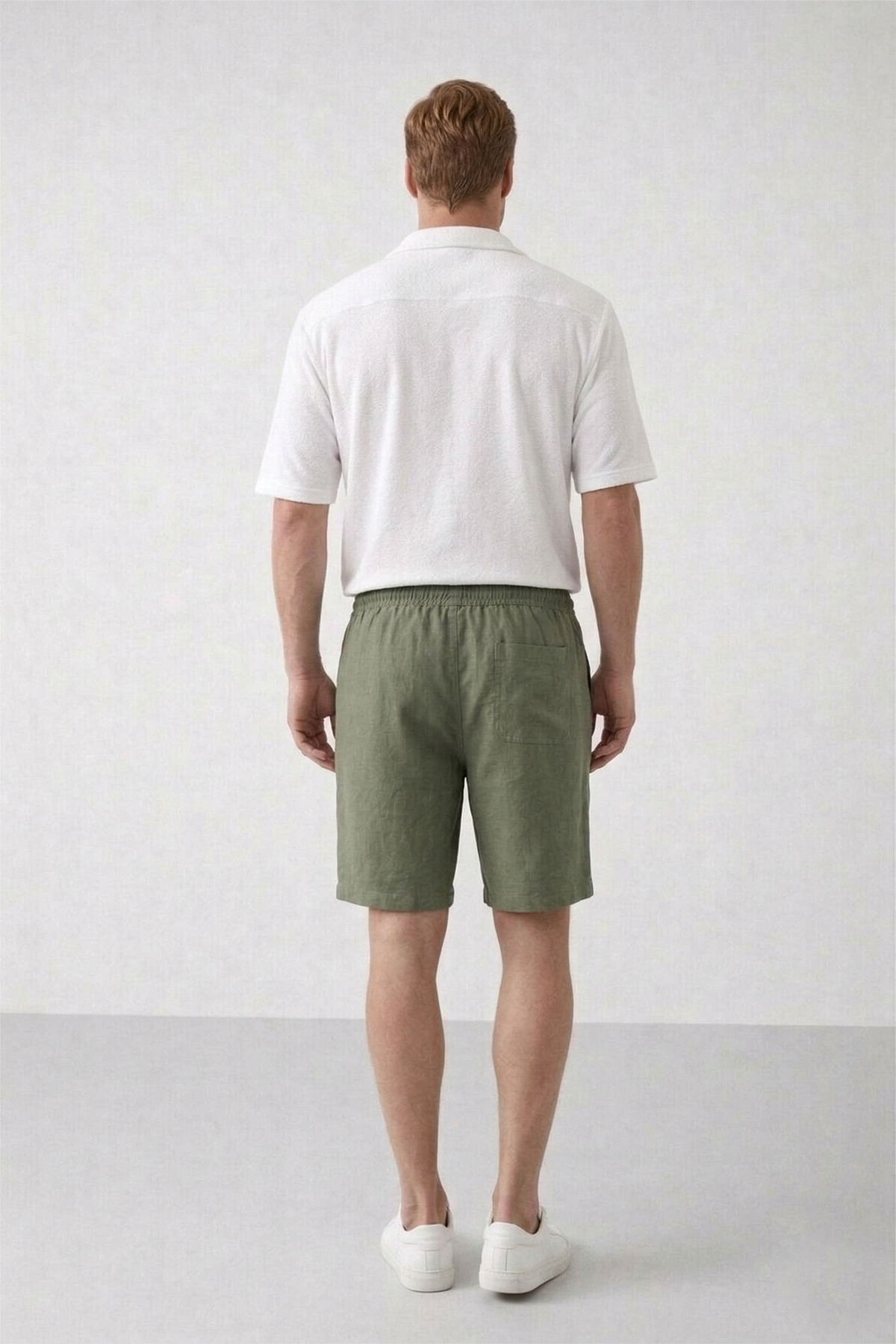 OXVİN  Erkek Haki Müslin Keten Şort %100 Pamuk Arka Cepli Tam Kalıp - Görsel 7