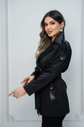 Eccim Fashion Deri Yakalı Cepli Broşlu Astarlı Kısa Kadın Ceket Trençkot