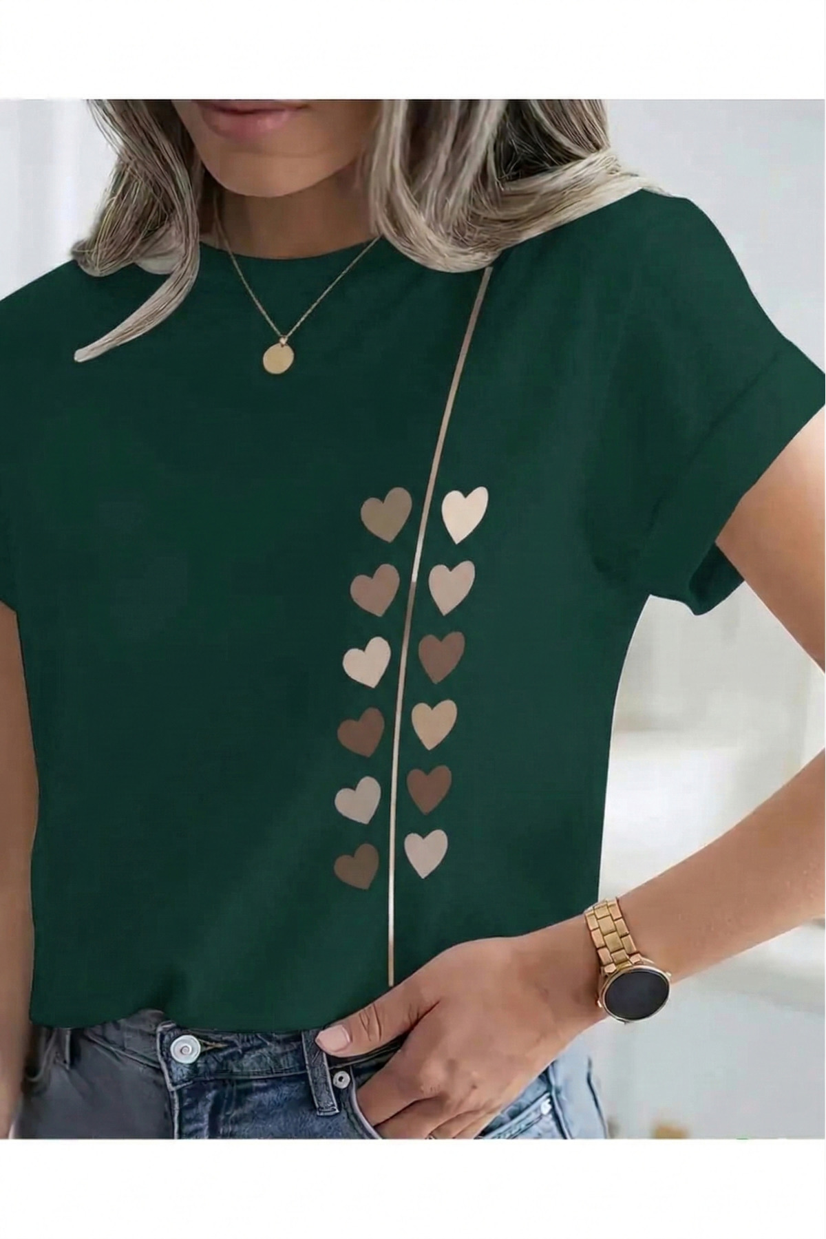 Trend Sizde Unisex zelena majica sa srcem Štampano okrugla kragna