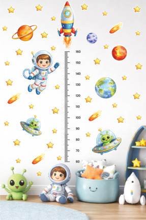 Ayza Tasarım Uzay Temalı Boy Cetveli Boy Ölçer Çocuk Odası Duvar Sticker Seti