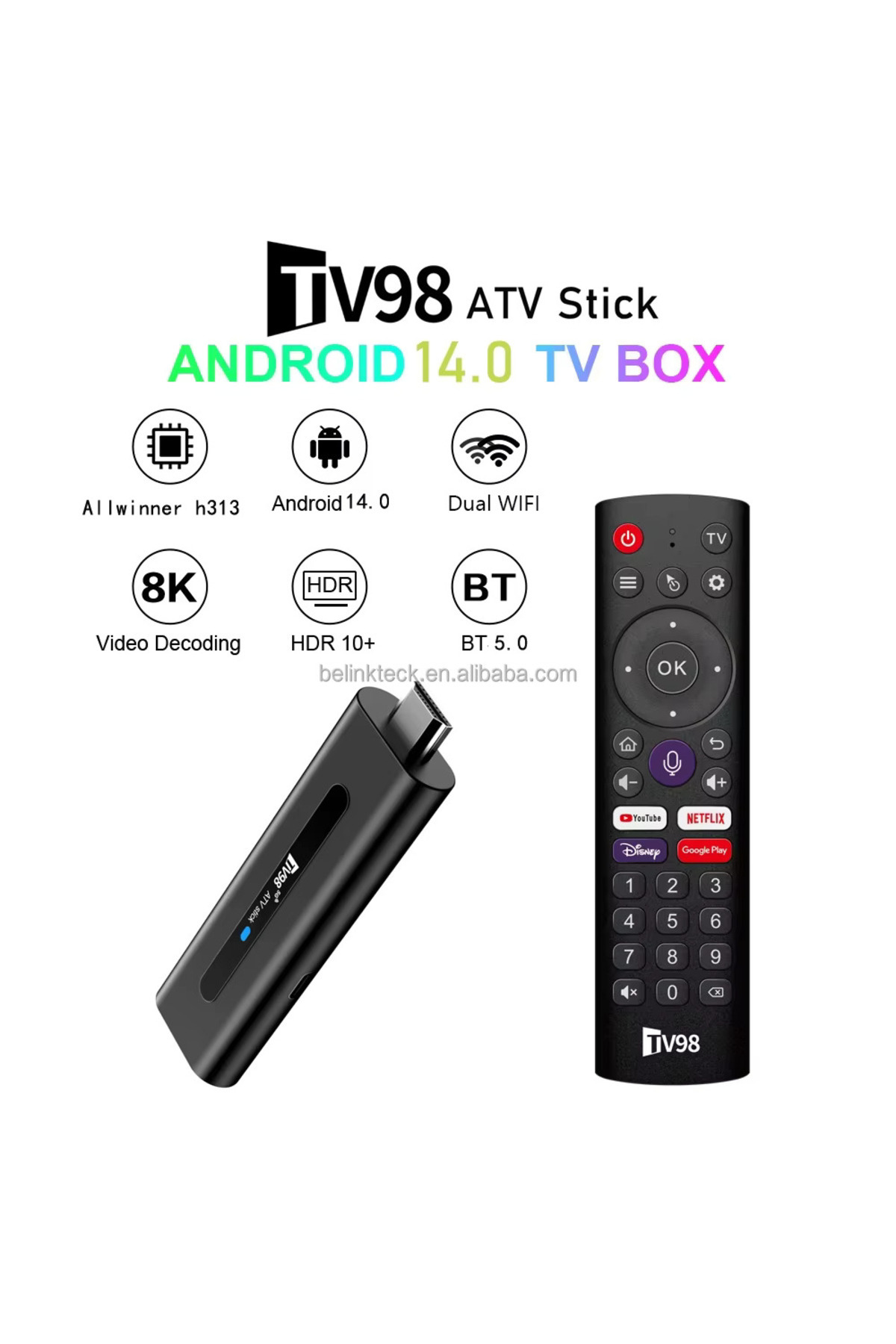 TV98 4K Ultra HD Android Smart TV Stick - Wifi Taşınabilir Medya Oynatıcı Medya Box