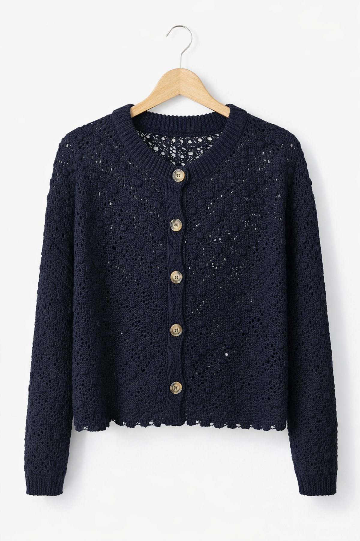 LUNERASTİL  Kadın Lacivert Ajurlu Triko Hırka – Düğme Detaylı Yazlık Örgü Hırka - Görsel 2