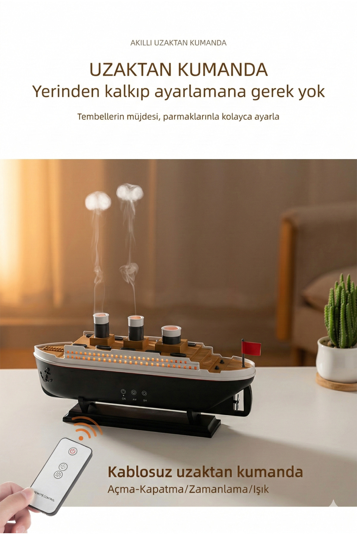 Gemi Vapur Tasarımlı Volkanik Hava Nemlendirici ve Aromaterapi Difüzörü - 250ml Gece Lambalı