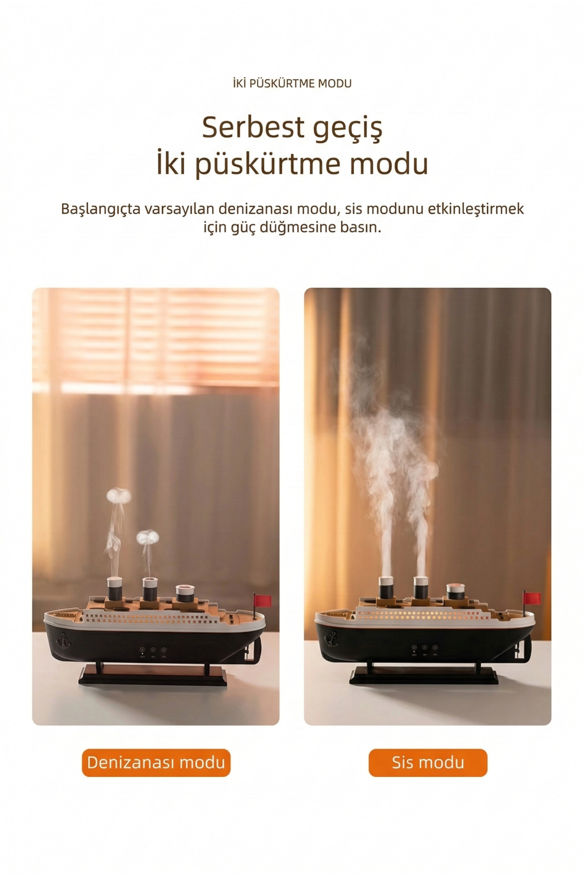 Gemi Vapur Tasarımlı Volkanik Hava Nemlendirici ve Aromaterapi Difüzörü - 250ml Gece Lambalı