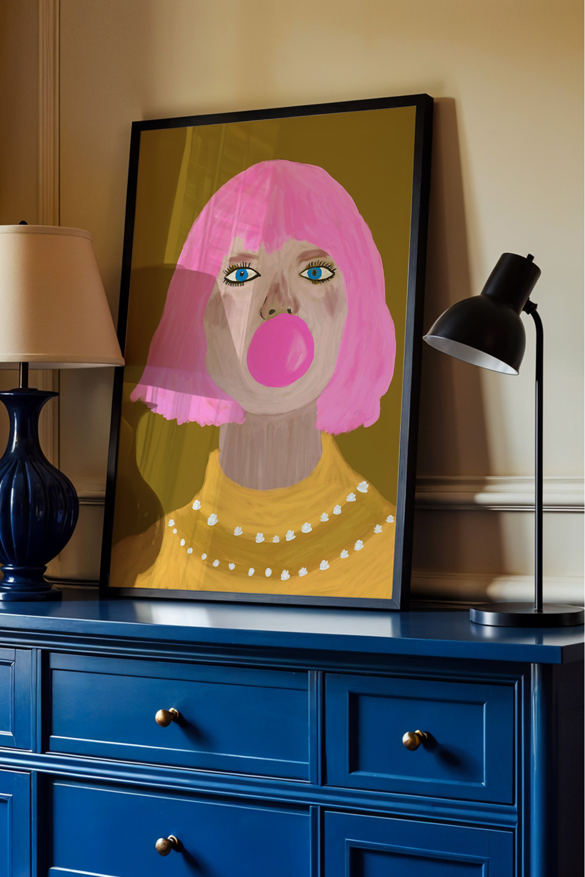 Kadın Pop Art Tablo Sakız Balonlu Modern Poster Duvar Dekoru Çerçevesiz