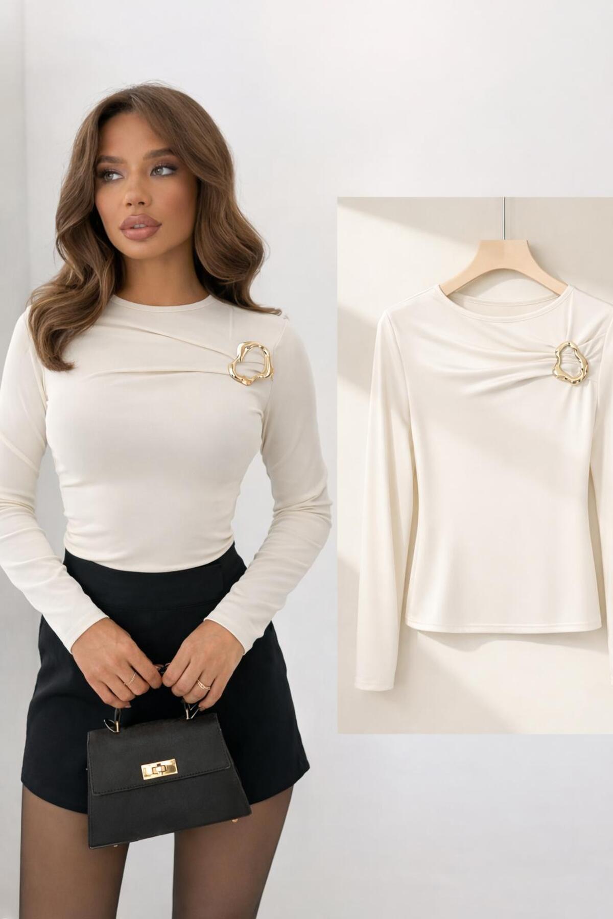 peri tower  YENİ ÜRÜN Kadın Kırmızı Tokalı Göğüs Detaylı Sandy Uzun Kollu Bluz 0068