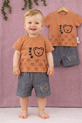 Tuembaby Erkek Bebek Ayıcık Baskılı 2'li Takım-Yazlık Bebek Takımı Tişört Şor...