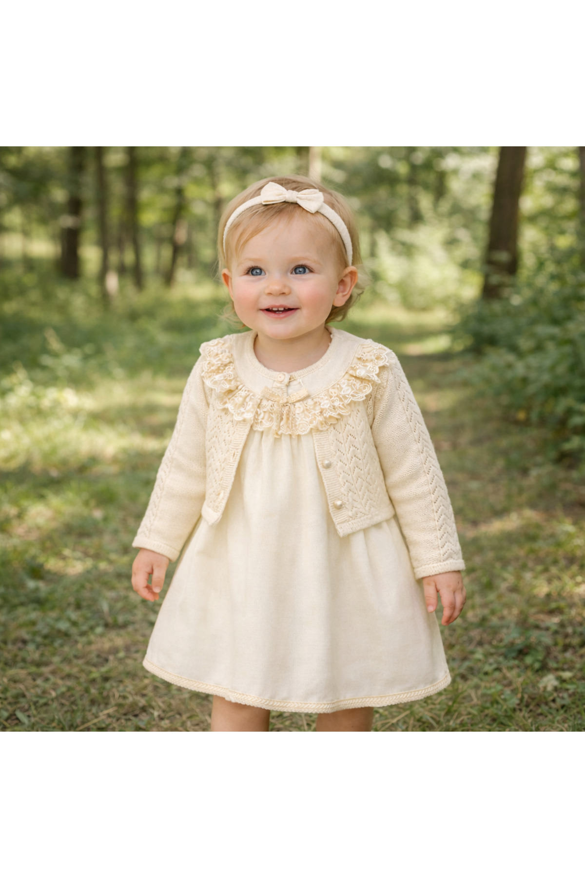 limebabies NOYNOY KIZ BEBEK 9-24 AY ROBA DANTEL DETAYLI ELBİSELİ BOLEROLU TAKIM fotoğrafı 4 (önizleme)