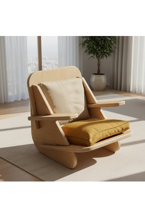 PRAKTURA STYLISH Doğal Ahşap Berjer, Krem Sarı Keten Kumaş Tekli Koltuk, Modü...