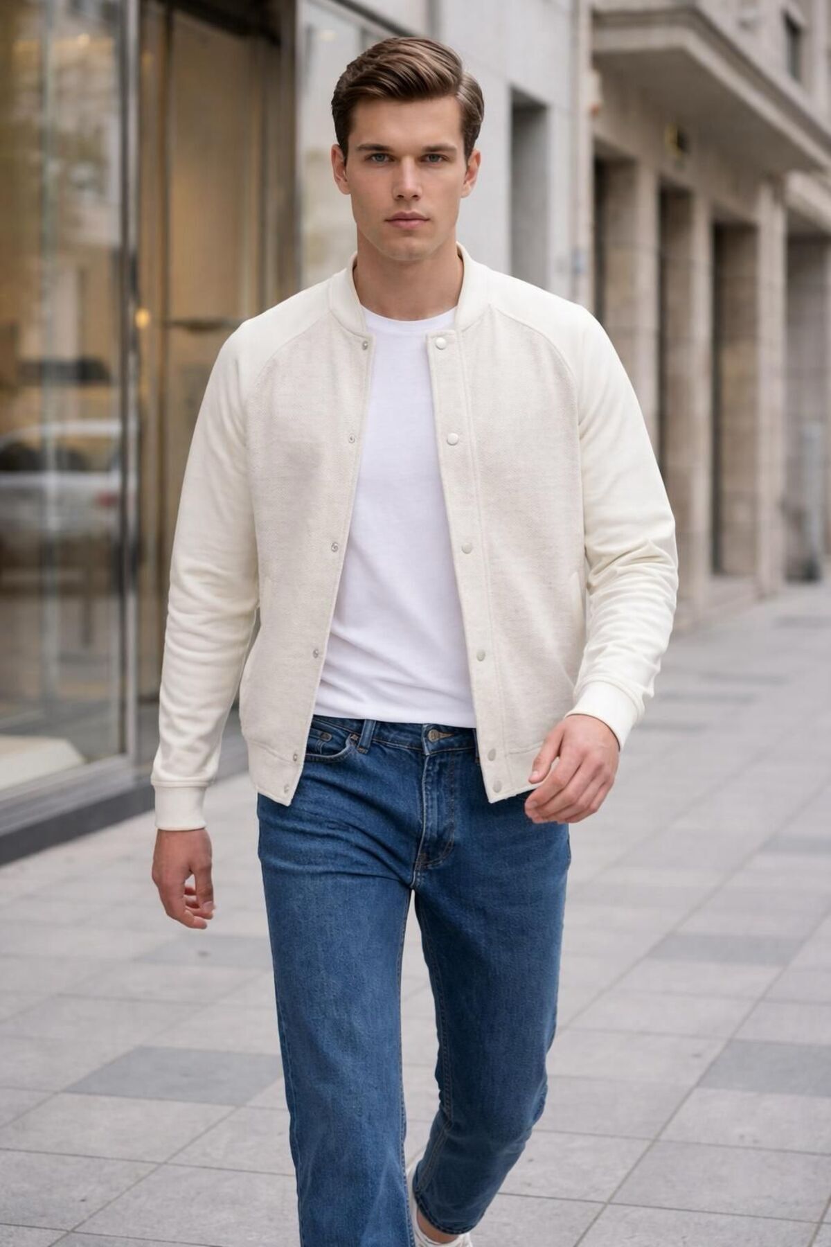 Eight Fashion  Erkek Ekru Çıtçıtlı Modern Bomber Ceket - Görsel 3