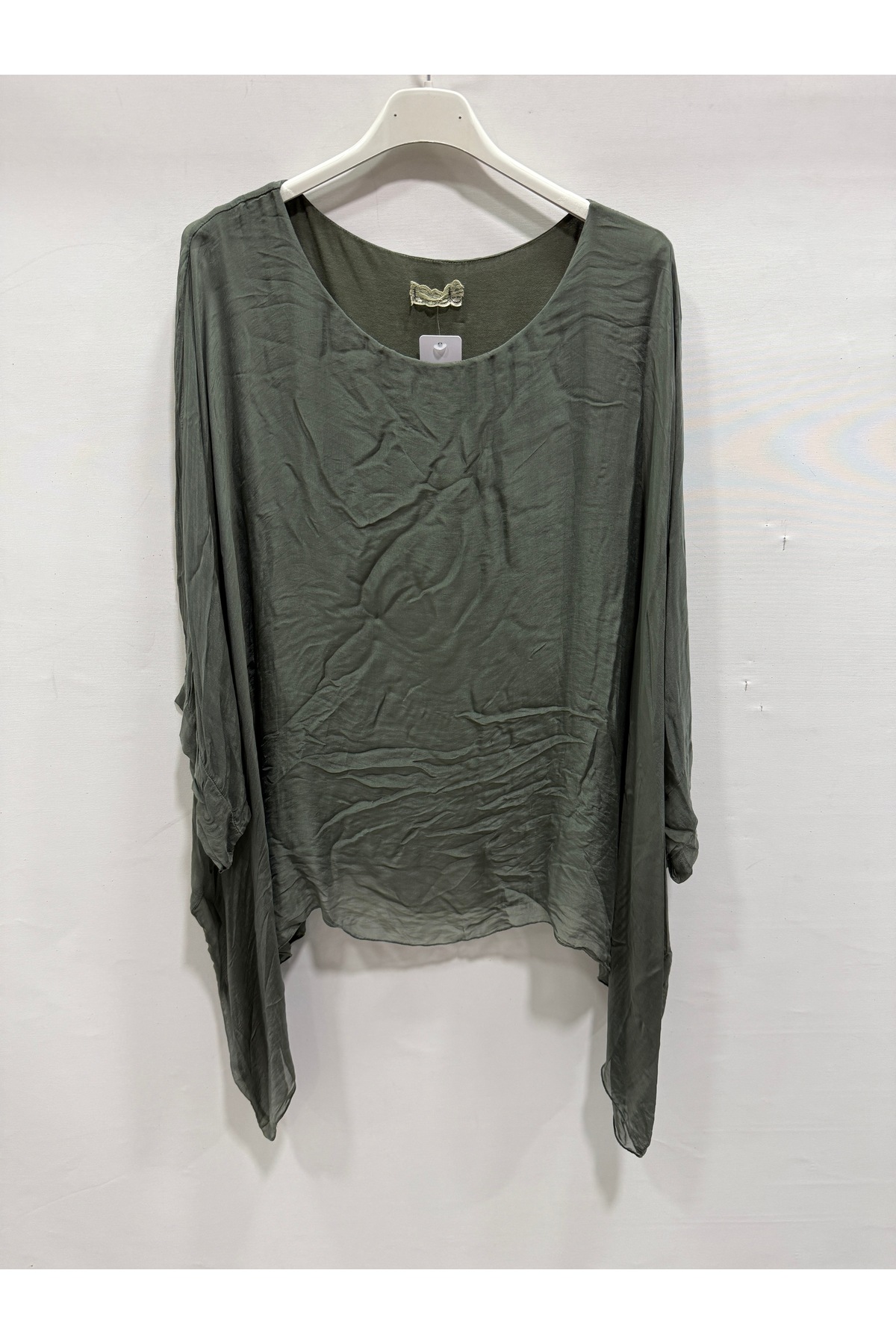 Khaki Italian Bat Sleeve Asymmetrical Cut Lined Loose Silk Blouse