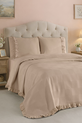 Enlora Home %100 Pamuk Fırfırlı Pike Seti Çift Kişilik Düz Renk Bej (3 Parça)