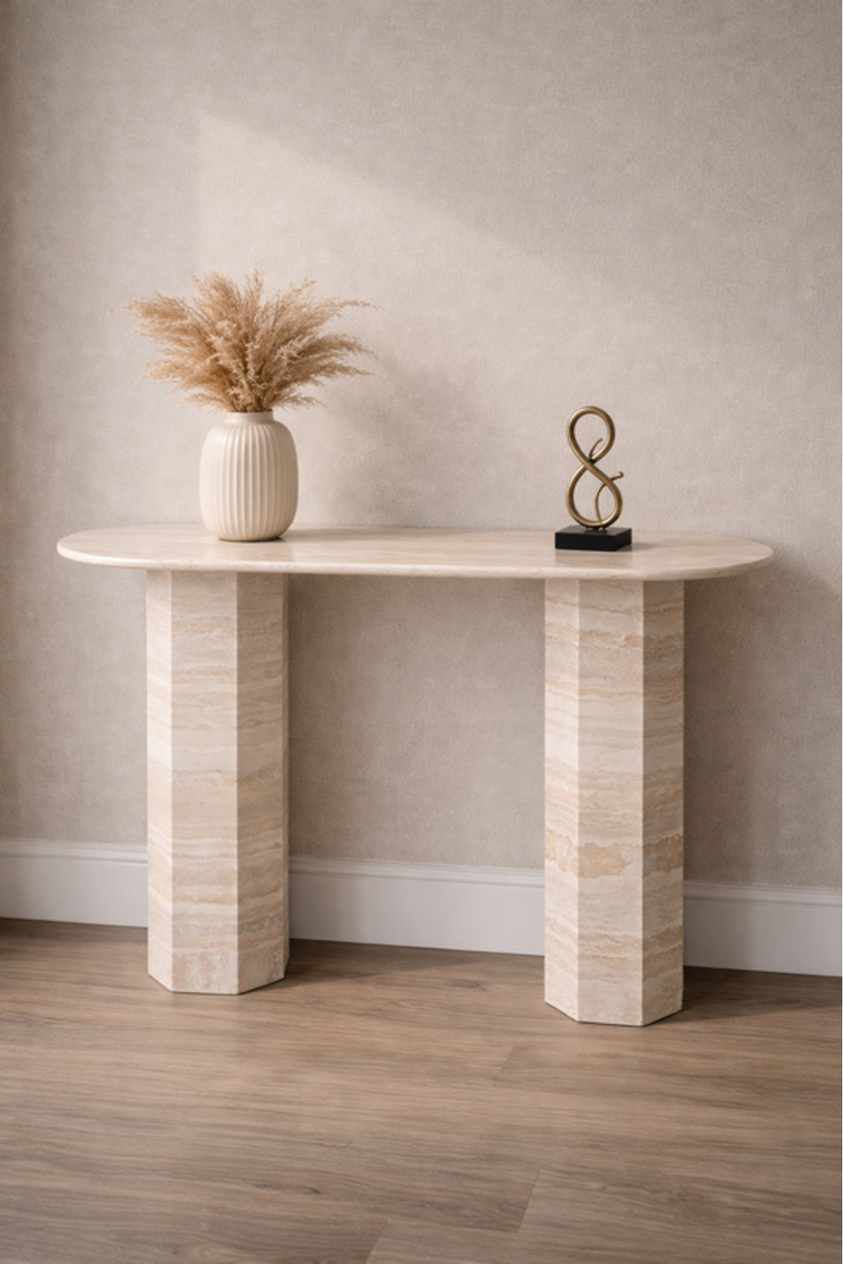 طاولة كونسول من الخشب الفاتح والرخام، طاولة مدخل ع...