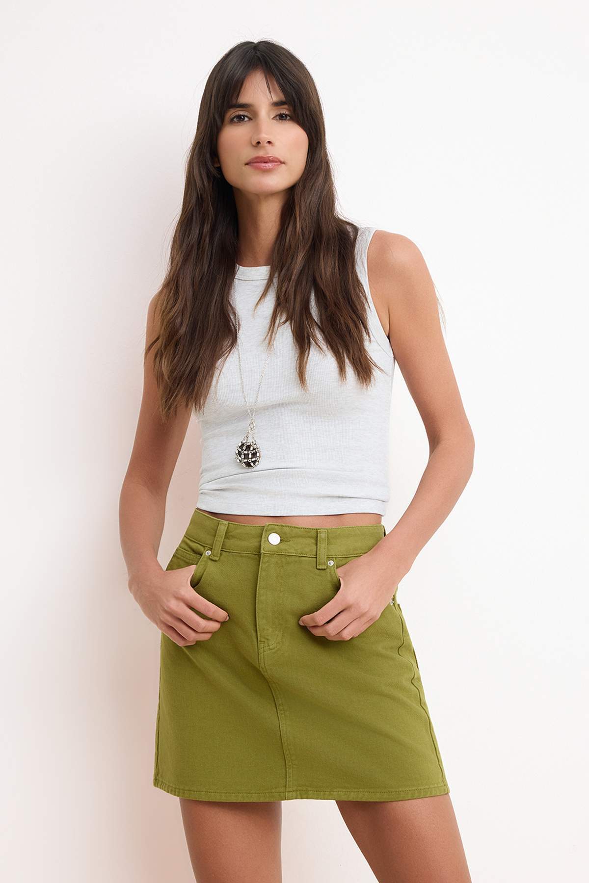 Trendyolmilla  Yağ Yeşili Mini Denim %100 Pamuklu Etek TWOSS26ET00070 - Görsel 2