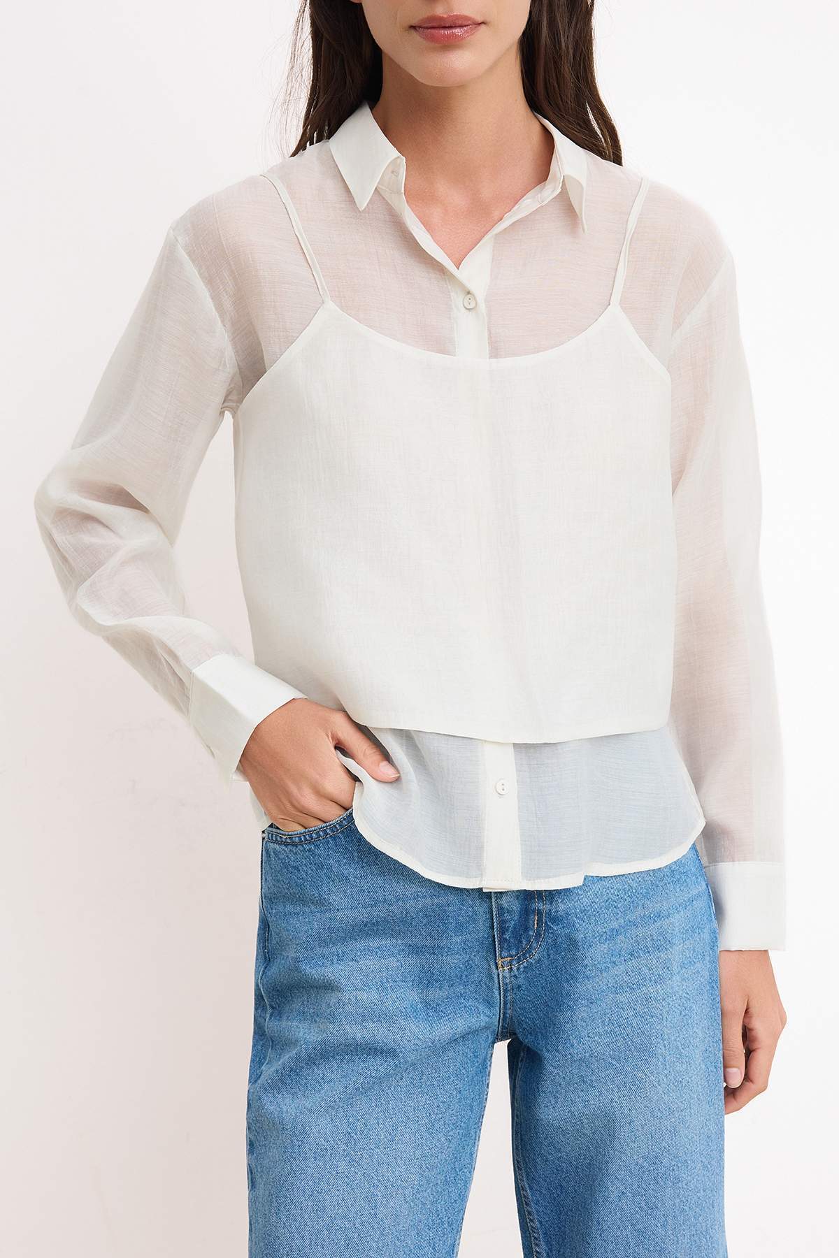 Trendyolmilla  Bej İkili Parça Yumuşak Tuşeli Gömlek TWOSS26GO00079 - Görsel 3