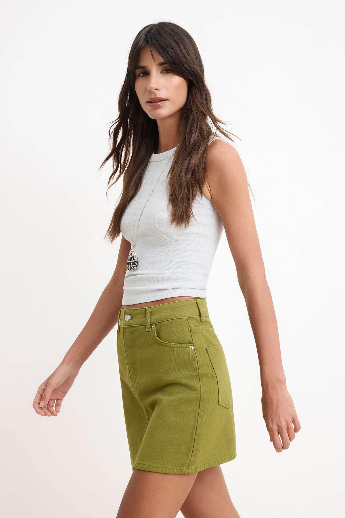 Trendyolmilla  Yağ Yeşili Mini Denim %100 Pamuklu Etek TWOSS26ET00070