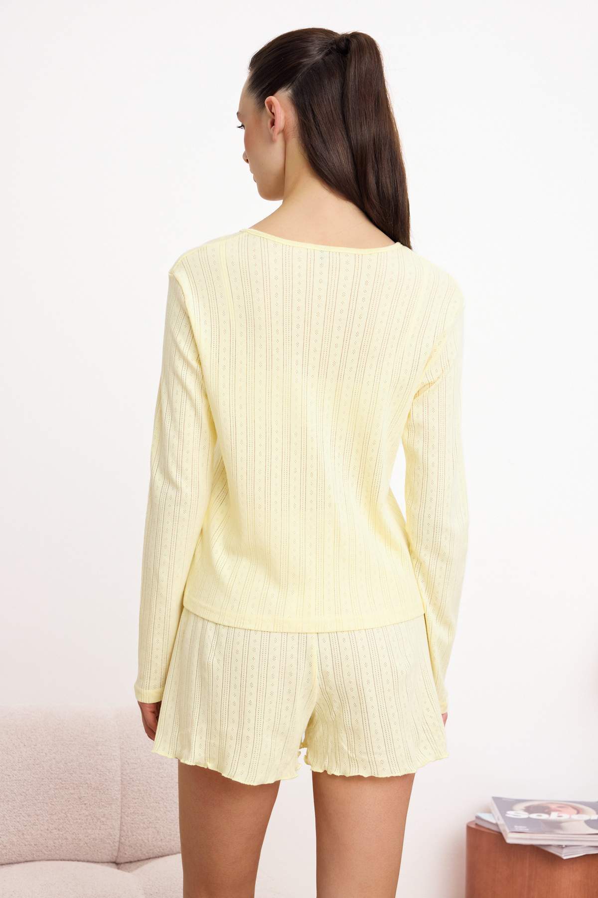 Trendyolmilla  Sarı %100 Pamuklu 3'lü Fitilli/Pointel Örme Pijama Takımı THMSS26PT00161 - Görsel 4