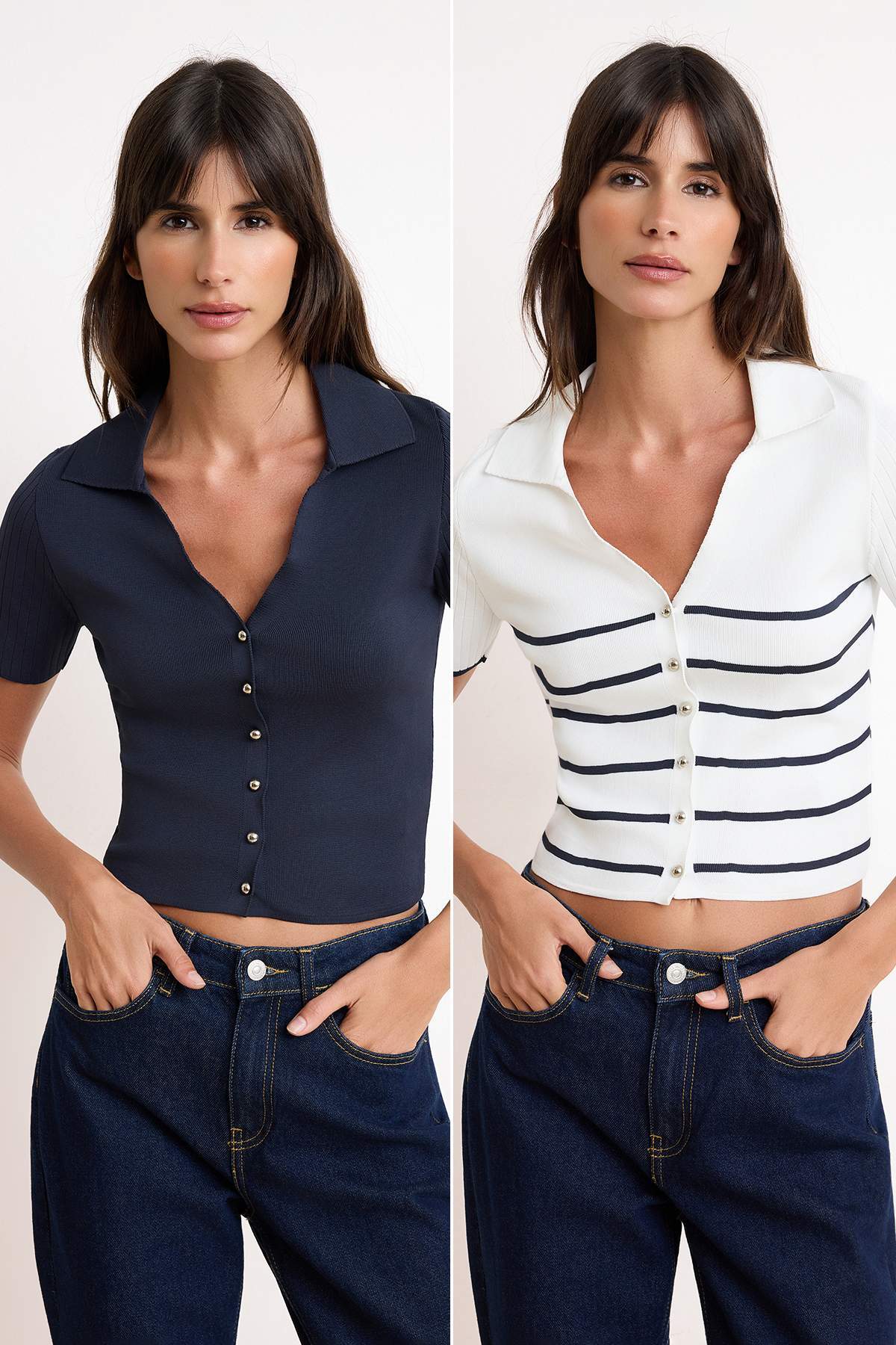Trendyolmilla Lacivert-Ekru İkili Paket Çizgili Basic Triko Bluz TWOSS26BZ00284