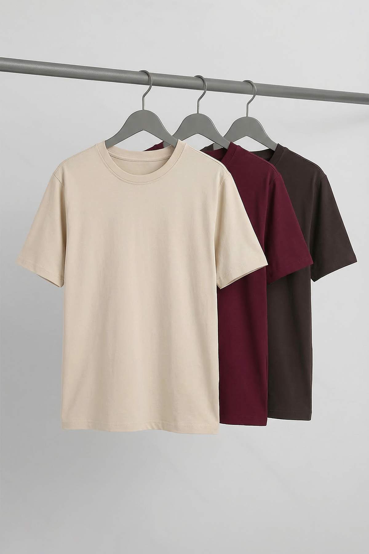 Trendyolmilla Man Taş-Bordo-Koyu Kahverengi 3'lü Paket Slim/Dar Kesim Basic %100 Pamuk Tok Kumaş T-shirtTMNSS19BO0007